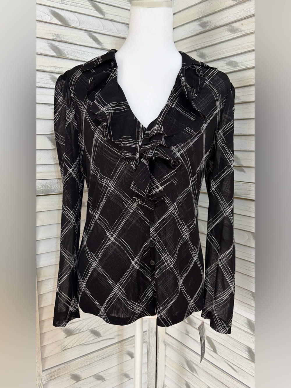 INC International Concepts Black and White Plaid Ruffle Blouse